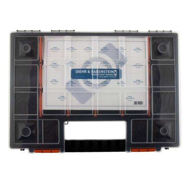 Sortiment 2 / O-Ringe nach DIN 3601, 323 Stück insgesamt, unterschiedliche Durchmesser und Schnurstärken, Material NBR, Shorehärte 70